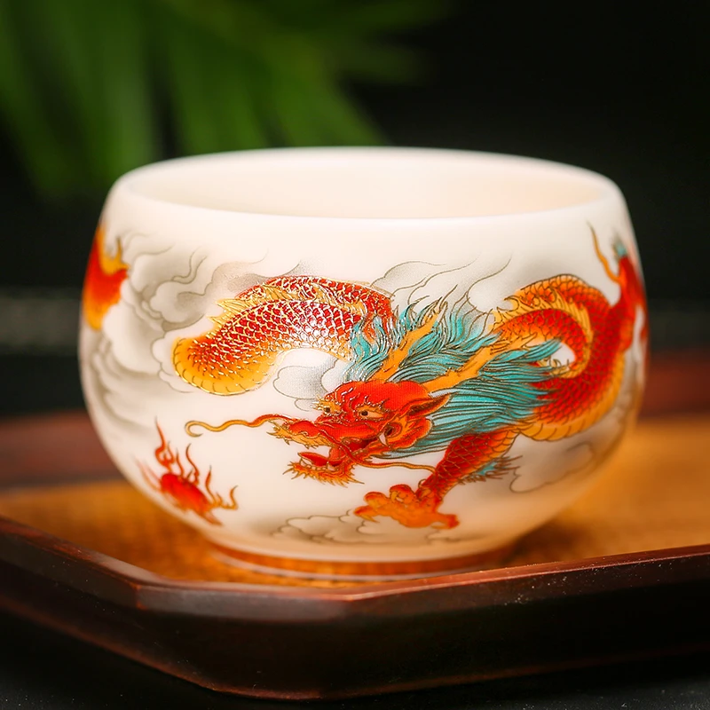 茶具红龙描金主人杯茶杯高端羊脂玉陶瓷家用紫砂品茗杯大容量
