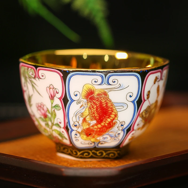 茶具八方聚财金杯鎏金主人杯茶杯高端陶瓷茶器家用泡茶紫砂大容量