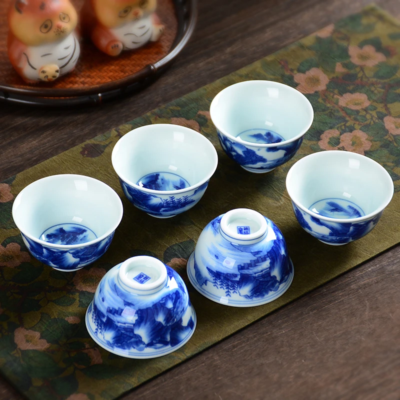 Haomingtian青花茶具手绘山水功夫茶杯主人杯中式仿古大号品茗杯