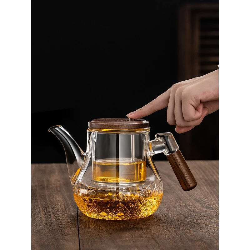 耐热玻璃泡茶壶飘逸杯办公家用泡茶器胡桃木把茶水分离一键过滤壶