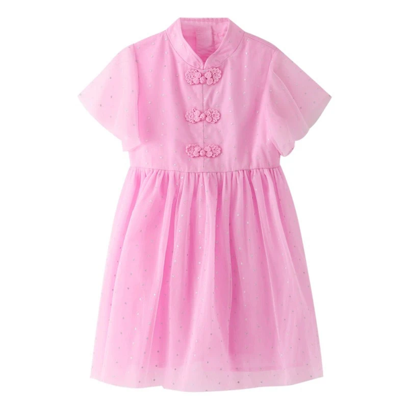 安家小童童装女童短袖连衣裙夏儿童洋气中国风网纱裙国潮公主裙