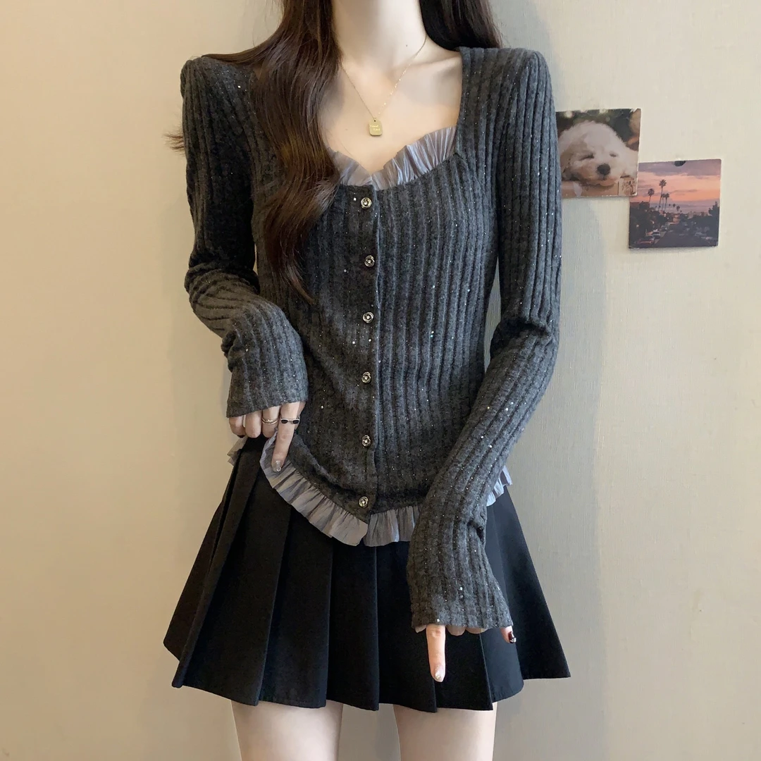 大码女装遮肉显瘦正肩长袖衬衫秋季胖MM花边领别致短款打底衫女