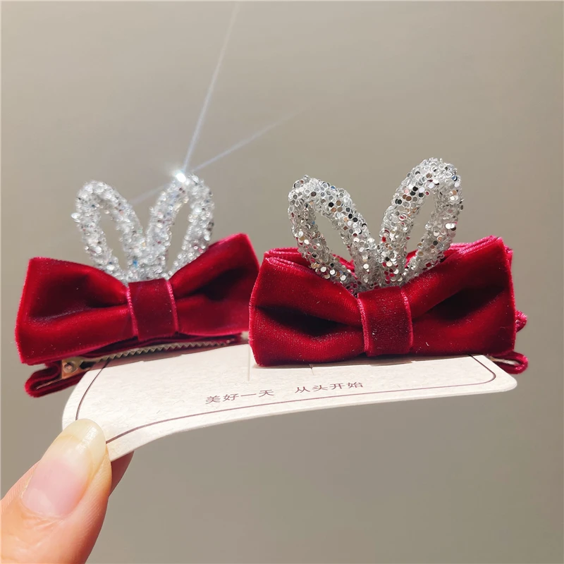 儿童发饰红色蝴蝶结发夹宝宝立体兔耳朵对夹女童新年圣诞顶夹头饰