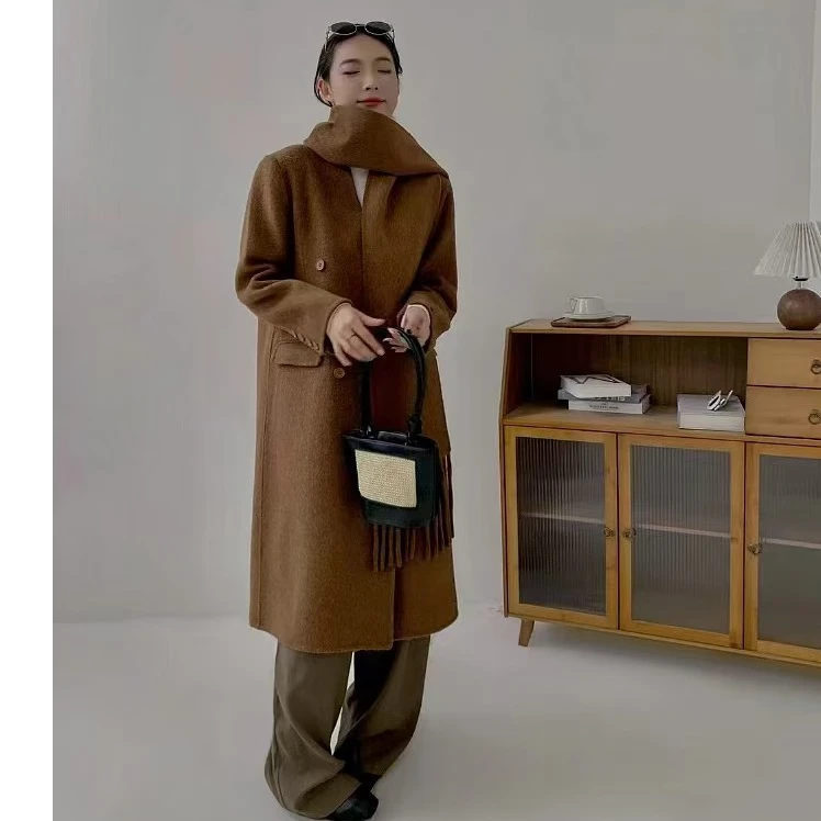 轻奢围巾双面羊绒大衣2024新款秋冬韩版长款氛围感气质毛呢外套