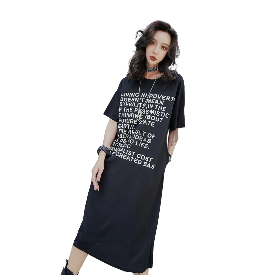宽松印花通勤潮流显瘦时尚夏季休闲圆领百搭黑色复古连衣裙 6519#