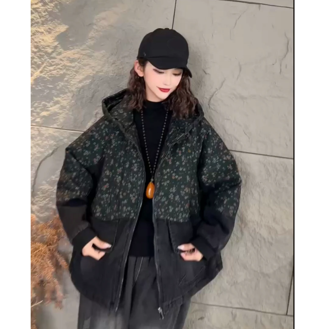 牛仔加棉外套休闲碎花拼接宽松显瘦