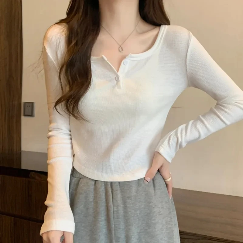 纯棉大码女装微胖MM正肩长袖t恤秋季新款白色修身短款打底衫上衣