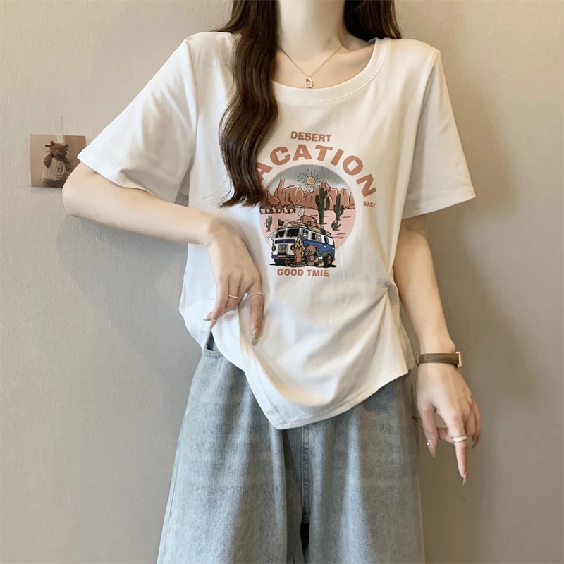 棉大码胖MM新款正肩不规则印花短袖T恤女装显瘦开叉辣妹上衣ins夏