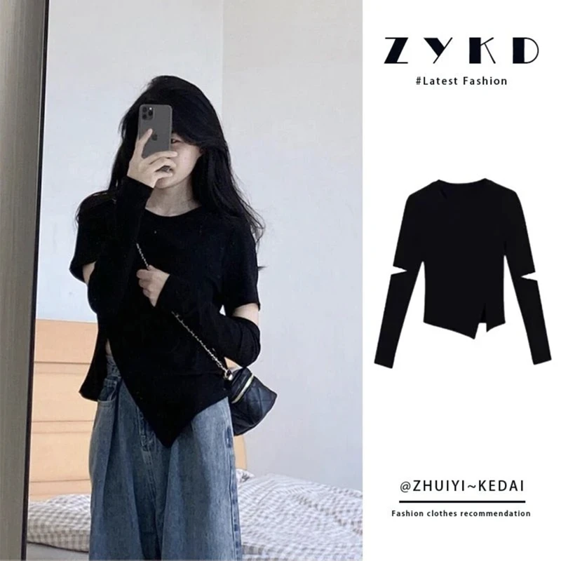 棉微胖MM正肩镂空学生长袖T恤女装早秋ins设计感辣妹开叉收腰上衣
