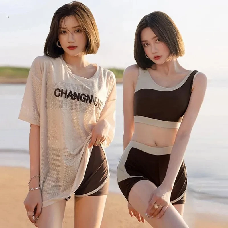 泳衣女运动分体三件套保守学生小胸聚拢韩版ins风宽松防晒游泳装