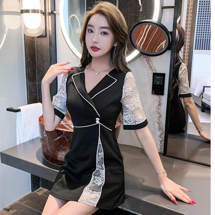 足疗女技师衣服新款修身收腰显瘦V领连衣裙美容院工作服气质套装