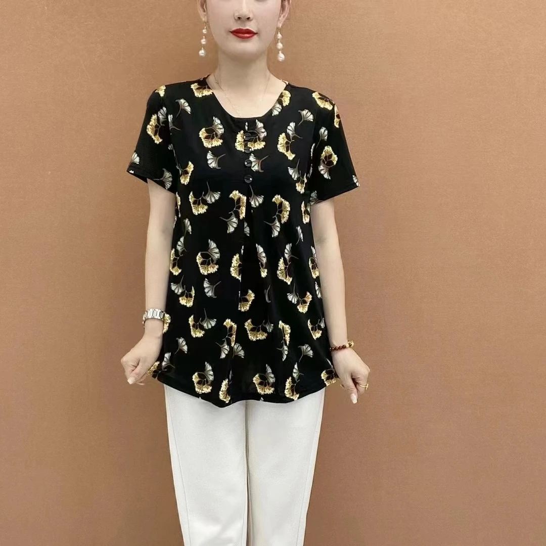 新款妈妈装宽松印花短袖T恤碎花显瘦