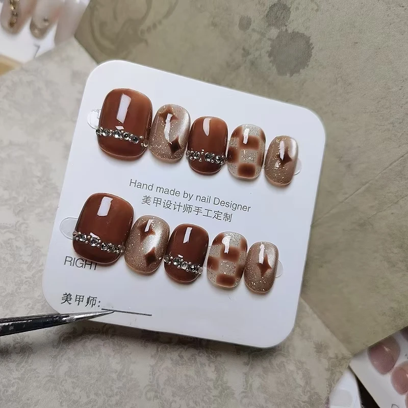 纯手工手工美甲秋季新款光疗穿戴甲猫眼气质棕小香风美甲贴片