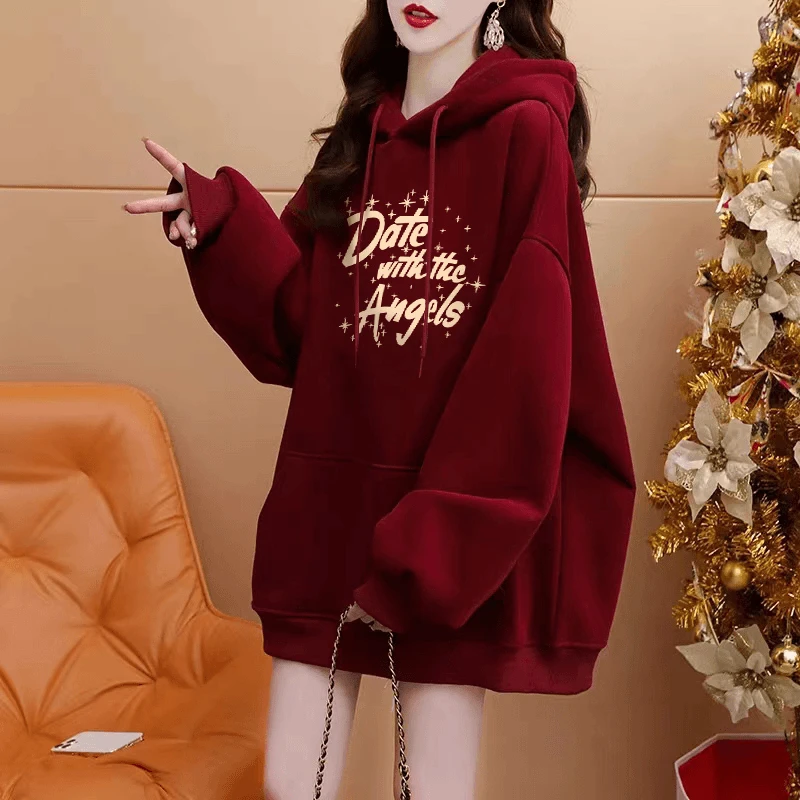 2024秋冬新款加绒加厚设计感连帽卫衣女韩版宽松中长款百搭上衣潮