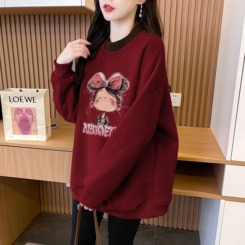 oversize加绒加厚拼接高领卫衣女大码宽松中长款减龄时尚休闲上衣