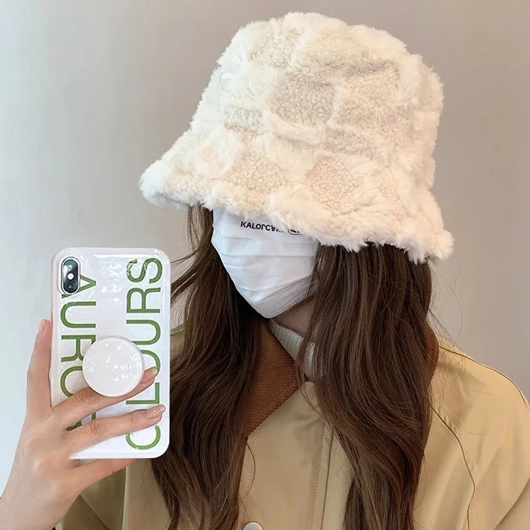 秋冬新款日系仿羊羔毛渔夫帽子女加厚保暖百搭显脸小毛绒水桶盆帽