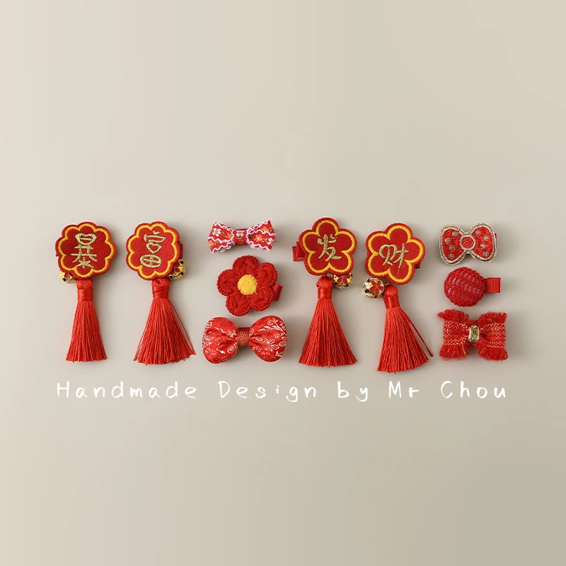 宝宝发夹不伤发红色蝴蝶结头饰儿童古风流苏发饰女童新年发卡夹子