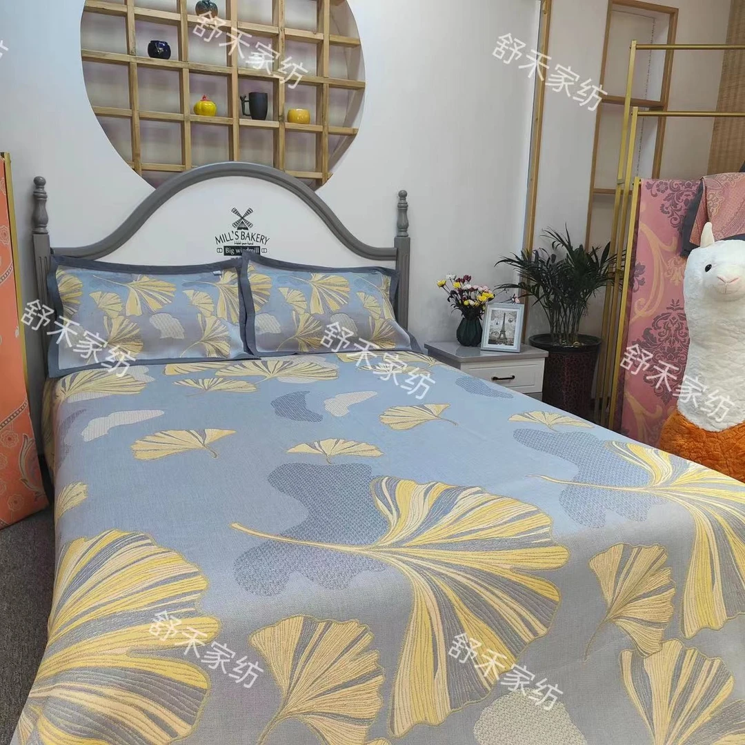 【灰-银杏叶】2.3米*2.5精梳棉床盖四季通用多功能双面床盖盖毯