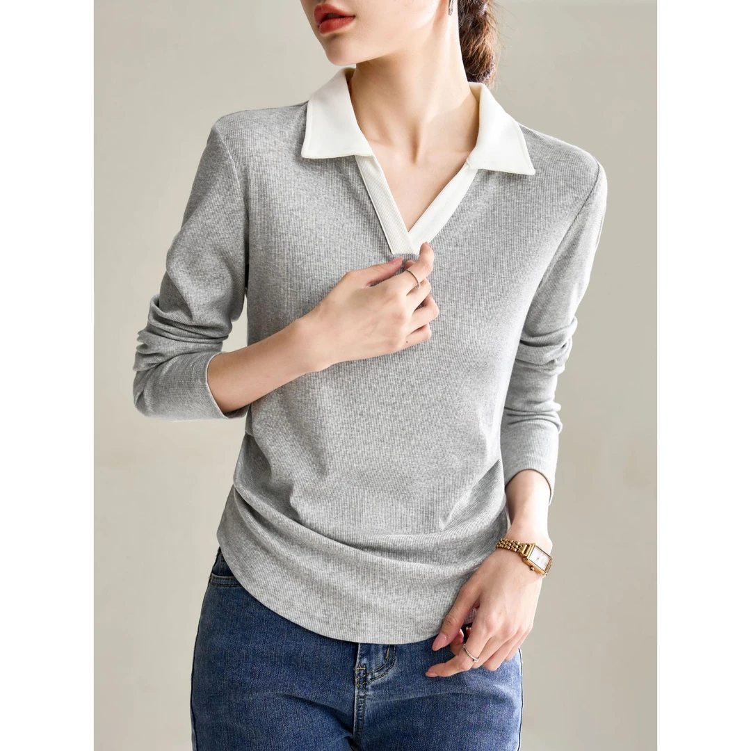 长袖T恤打底衫衣服秋季女高级感2025秋冬新款撞色翻领内搭上衣