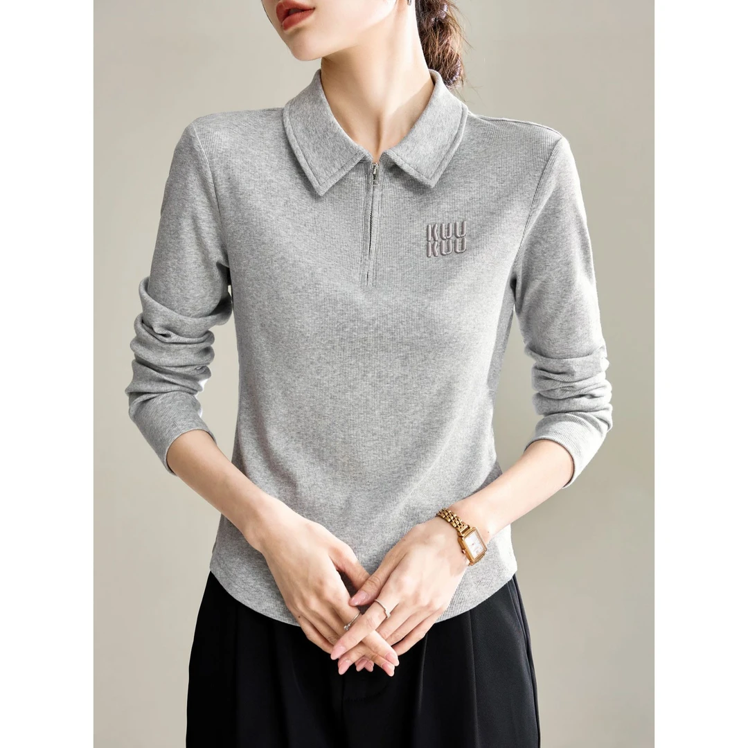 螺纹翻领长袖T恤打底衫衣服秋季女高级感2025新款可外穿内搭上衣