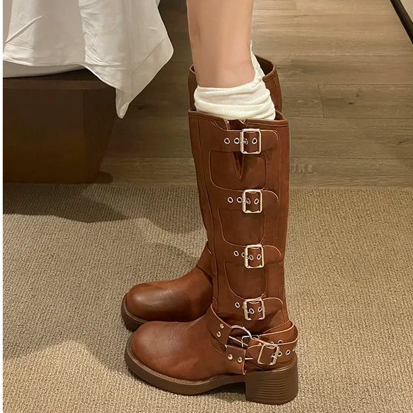 长筒靴女新款2024网红复古机车靴女不过膝西部靴子洋气时装靴炸街