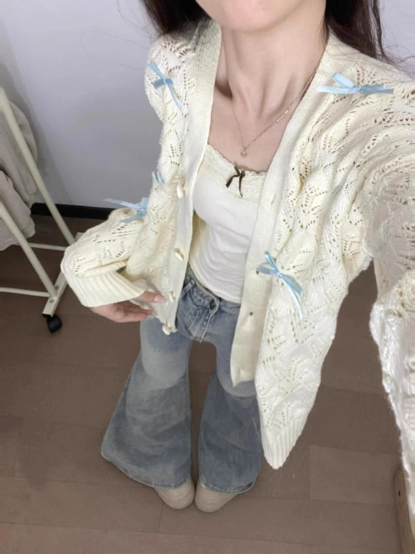 韩系甜美蝴蝶结镂空慵懒风毛衣开衫小香风V领针织衫早秋季外套女
