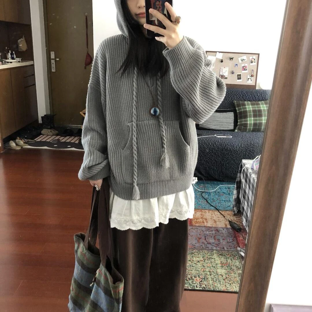 半拉链灰色连帽毛衣女秋冬季2024新款宽松慵懒风针织卫衣帽衫外套