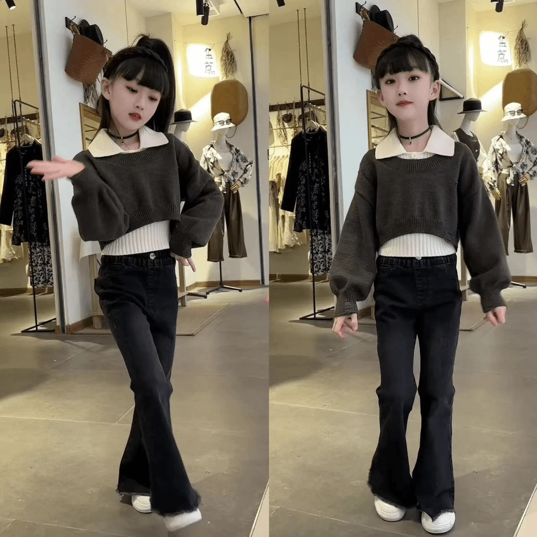 女童春秋2025新款韩版时髦衬衫领毛衣两件套牛仔喇叭裤中大童套装