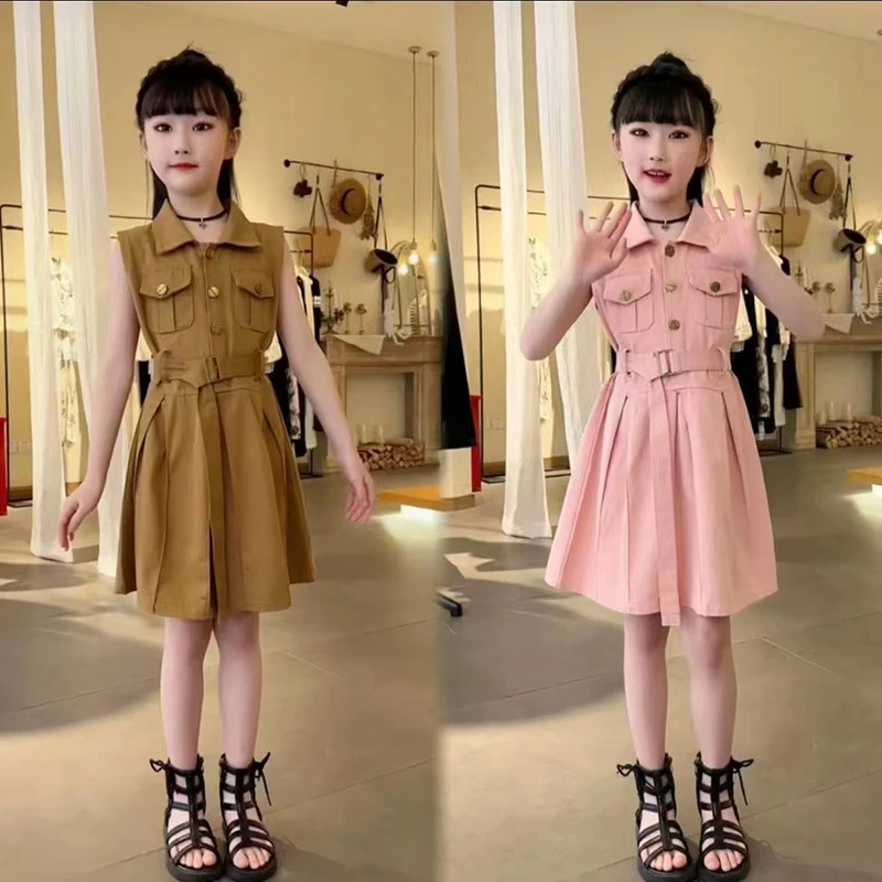 女童夏季无袖收腰连衣裙新款6-12岁网红洋气时髦中大童装公主裙子