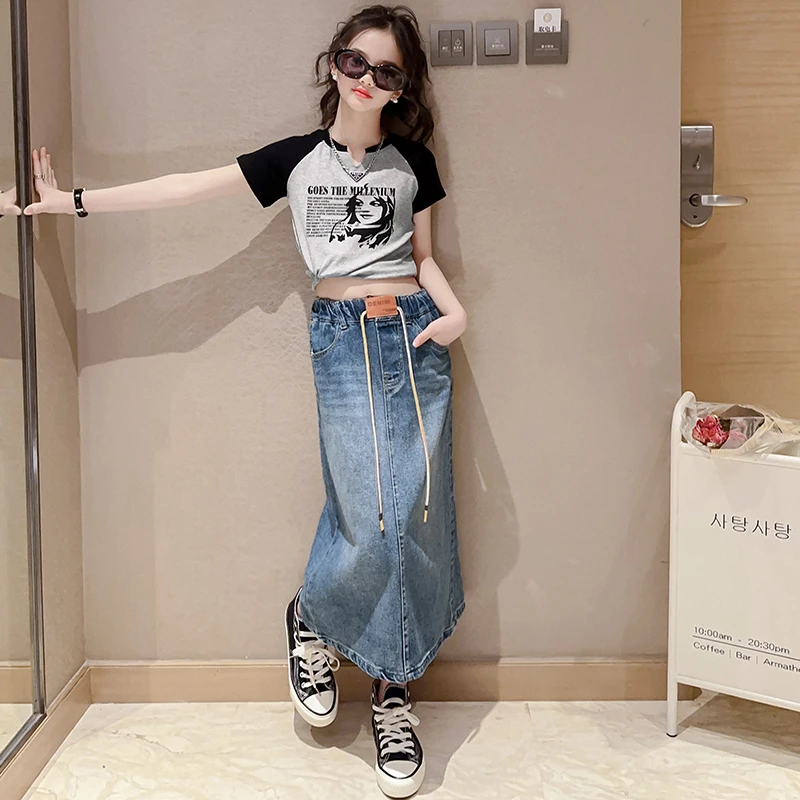 女童时髦夏装2025新款潮流网红洋气炸街女孩短袖T桖牛仔半身裙潮