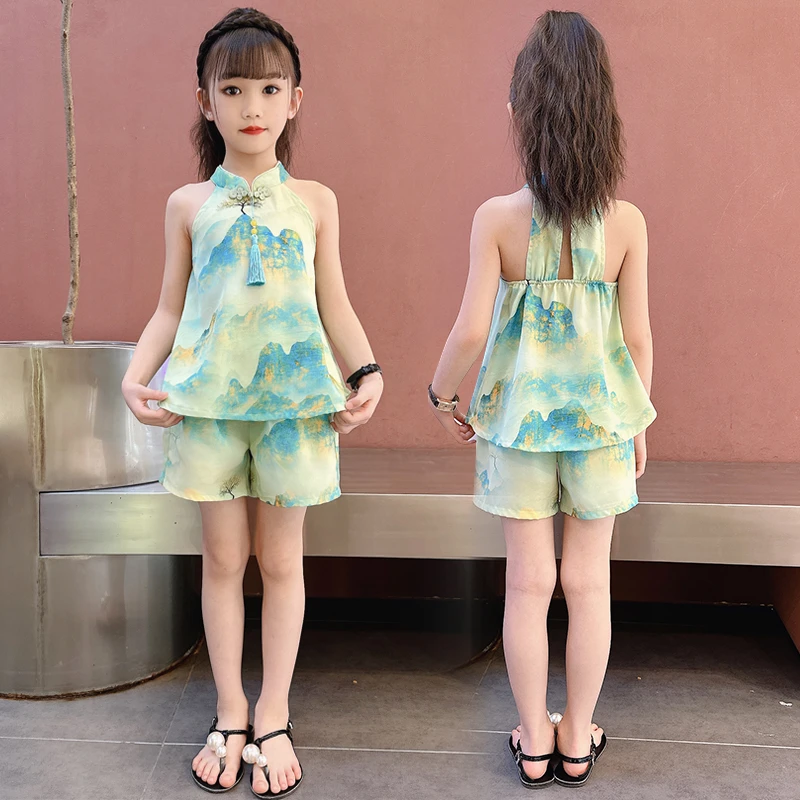 女童夏季挂脖雪纺套装洋气新中式清凉夏装2025新款童装两件套无袖