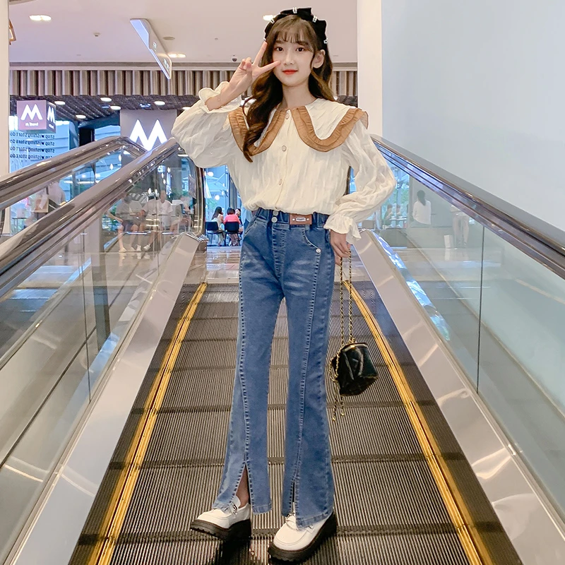 女童春款套装牛仔裤2025新款儿童弹力春秋季喇叭裤女孩微喇裤子