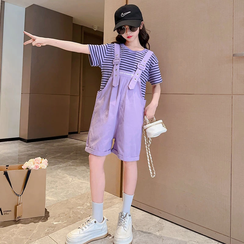 女童背带裤套装夏装2025新款洋气大童宽松夏季薄款儿童短裤两件套