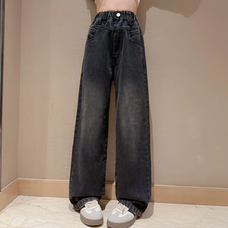 女童加绒裤子秋冬2023新款女大童直筒裤一体绒阔腿裤冬儿童牛仔裤