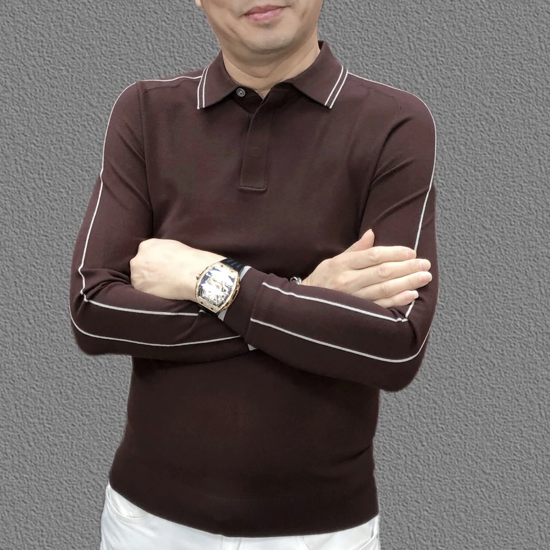 秋季新款高端轻奢时尚休闲百搭天丝针织翻领商务修身长袖T恤（3779