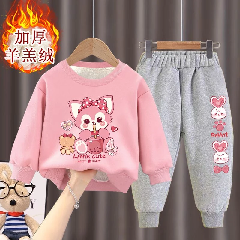童装2023冬季女童卡通印花加绒加厚保暖卫衣卫裤儿童运动套装冬潮