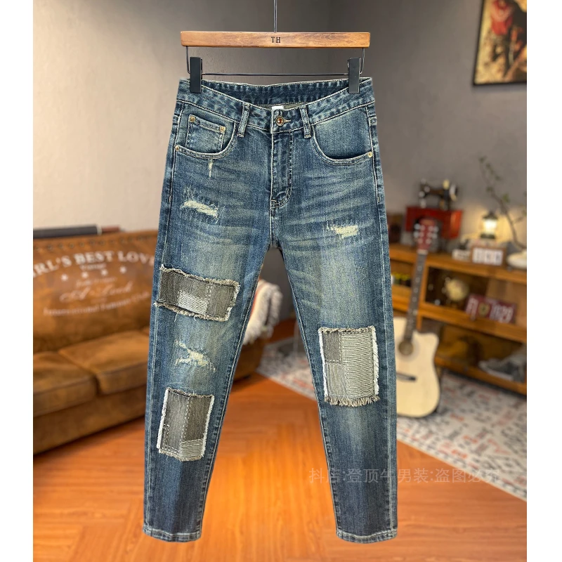 个性潮流时尚美式复古牛仔裤破洞补丁男裤撞色拼接修身小直筒长裤