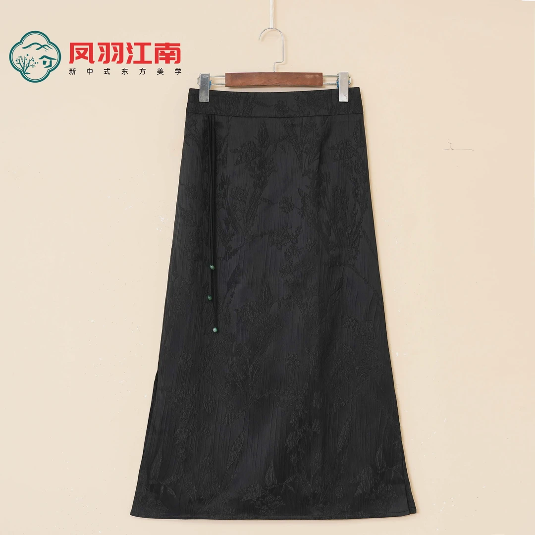 新中式国风缎面提花开叉设计气质时尚半身裙