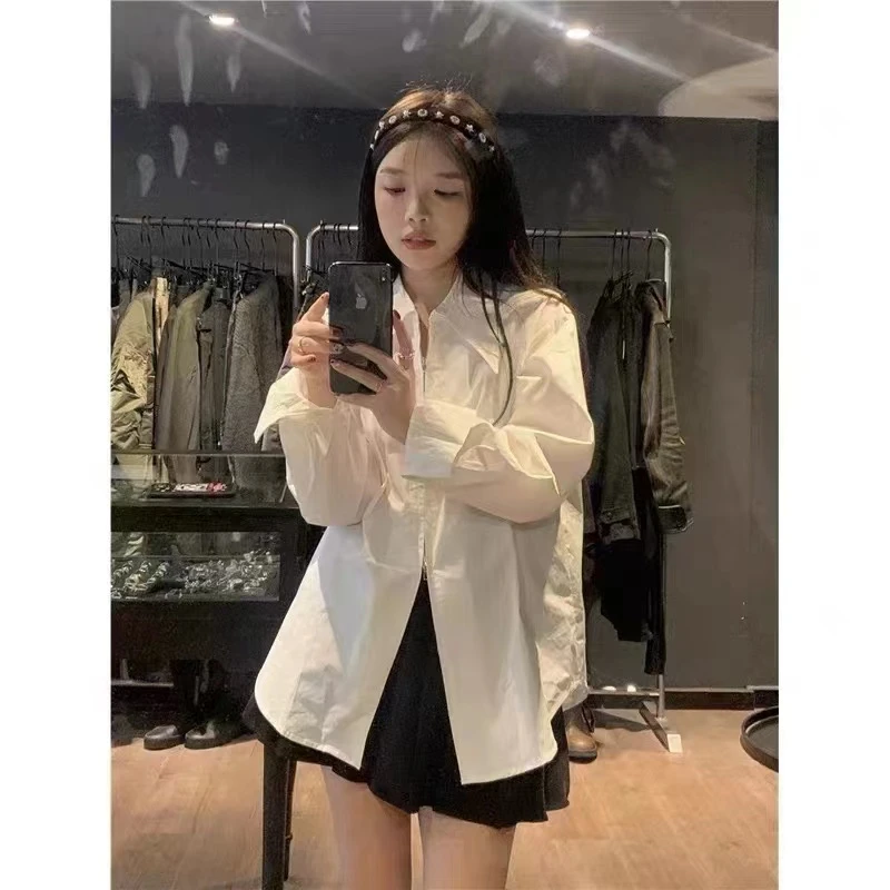 设计感开叉衬衫女夏季小众设计双拉链翻领宽松显瘦长袖衬休闲百搭