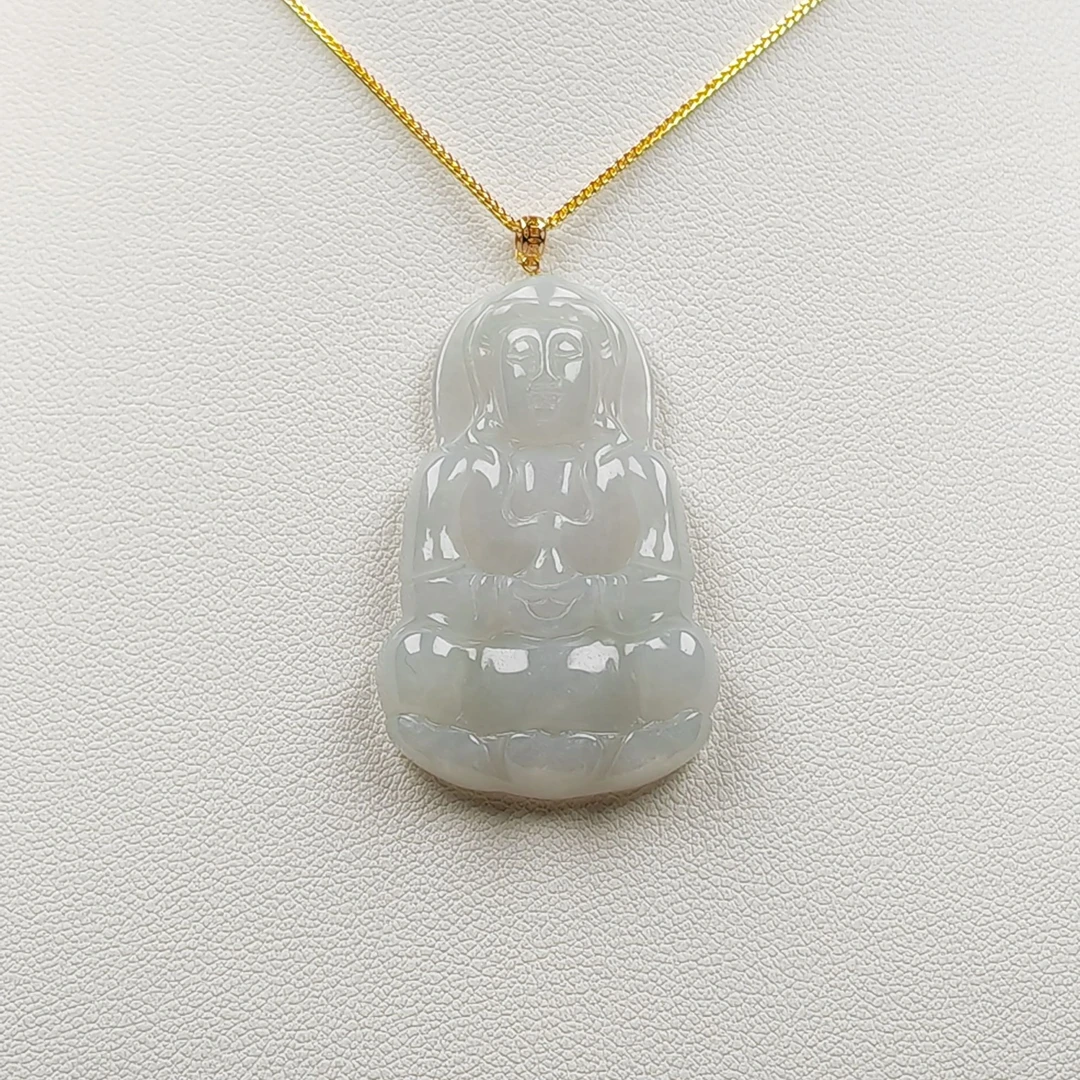 缅甸高端翡翠儿童观音吊坠男女款18K金扣头镶嵌糯冰种宝宝佛挂件