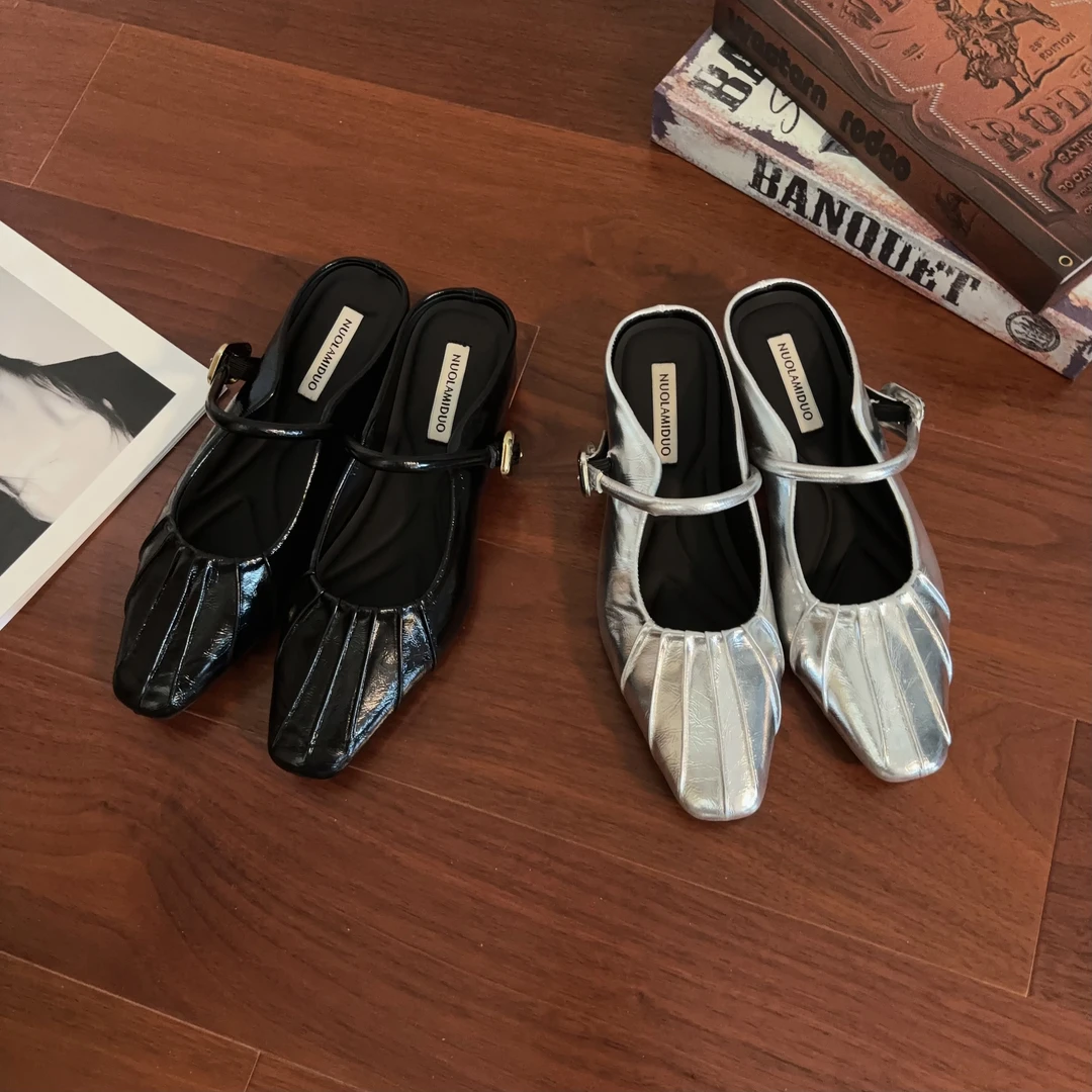 木木子专属方头玛丽珍女鞋浅口隐形增高百搭低跟包头半拖法式夏秋