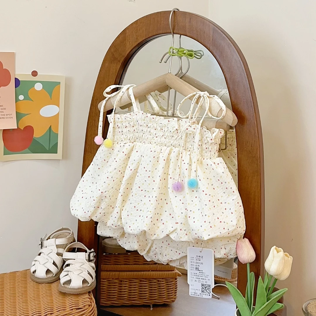 女童韩范套装夏装新款儿童系带白色花苞吊带短裤休闲两件套24135
