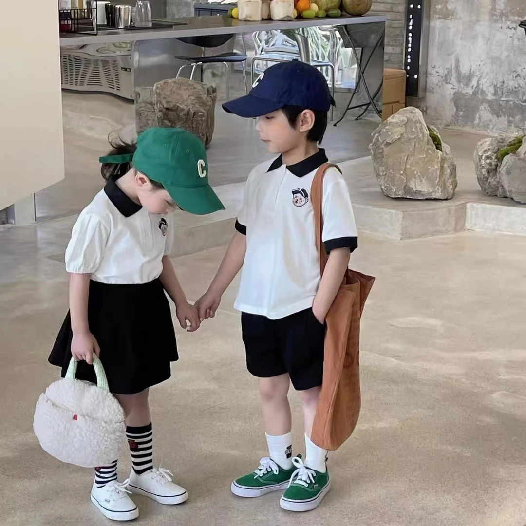 韩版男女童套装夏季Polo短袖T恤学院风刺绣熊套装22302