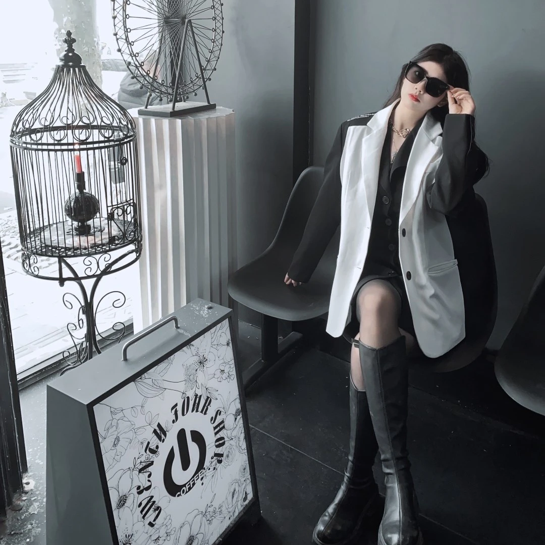气质收腰显瘦拼接西装外套女春季