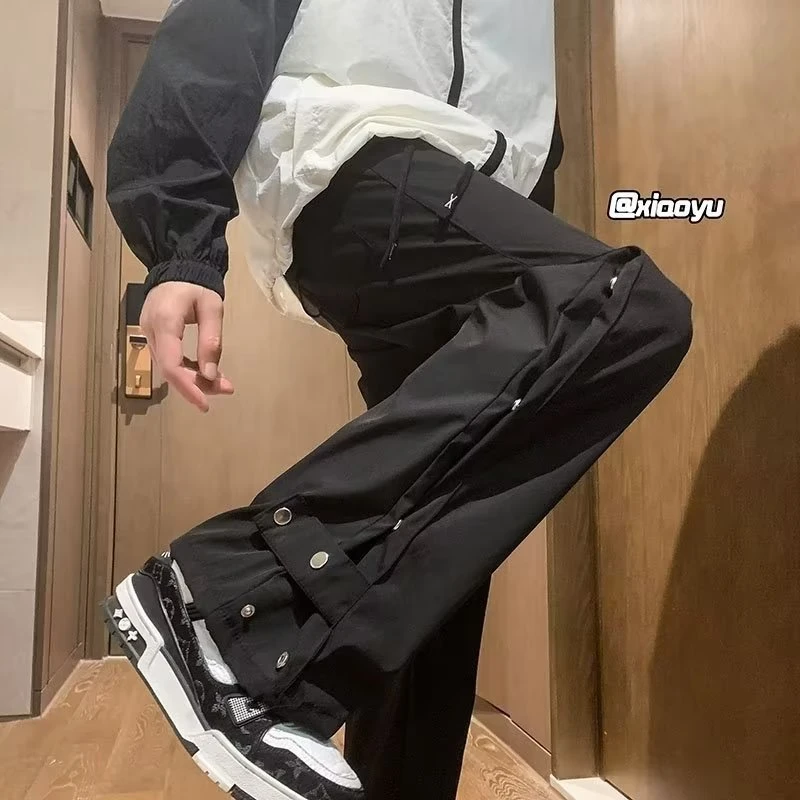 美式高街vibe风排扣工装冲锋裤男秋冬加绒微喇修身直筒阔腿长裤子