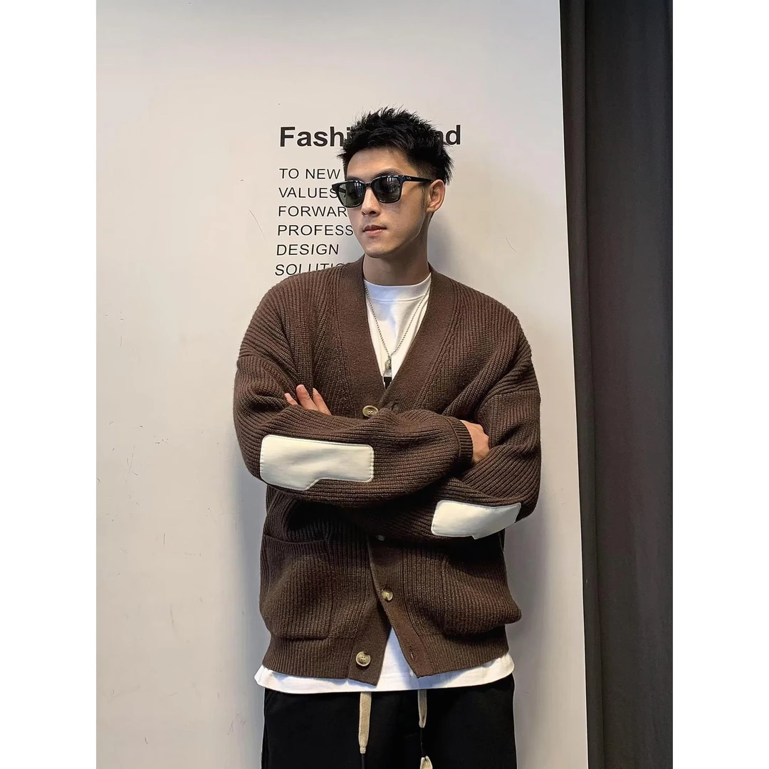 秋冬季新款慵懒风宽松针织外套男士高端痞帅设计感拼接毛衣开衫男
