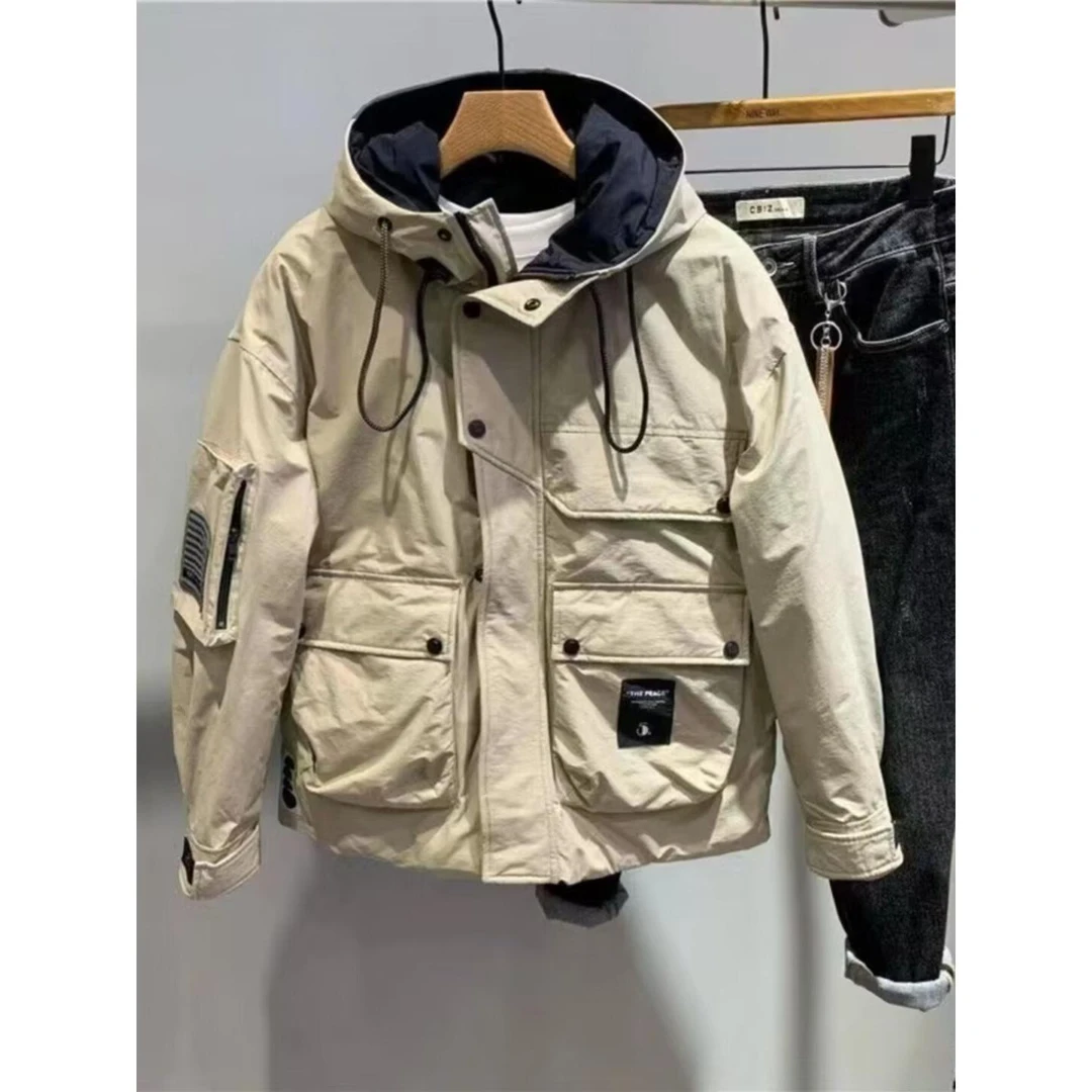 冬季潮拼接撞色男士连帽面包服个性贴标工装户外防寒宽松潮流棉服