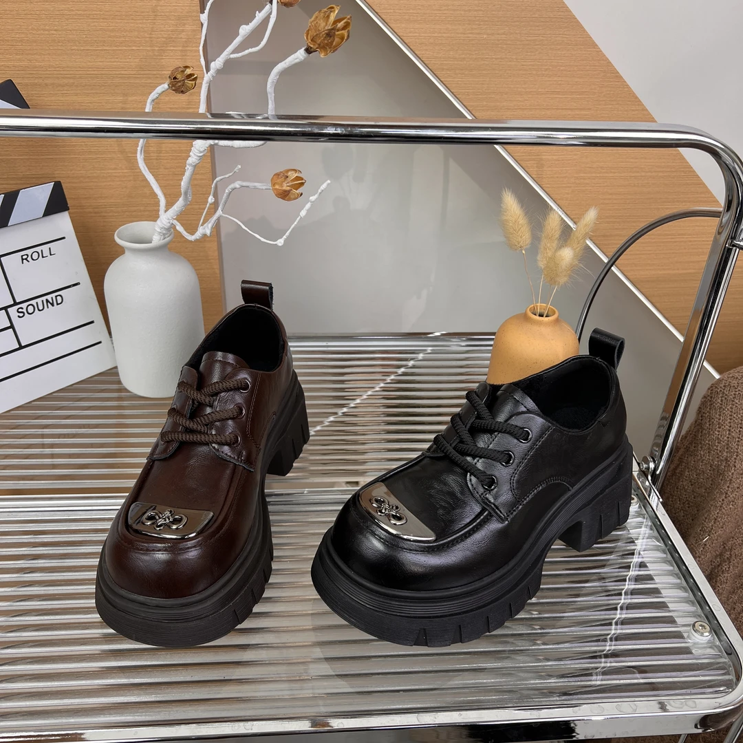 春季新款复古厚底粗跟单鞋时尚百搭英伦风加绒乐福鞋X 检 6878-5