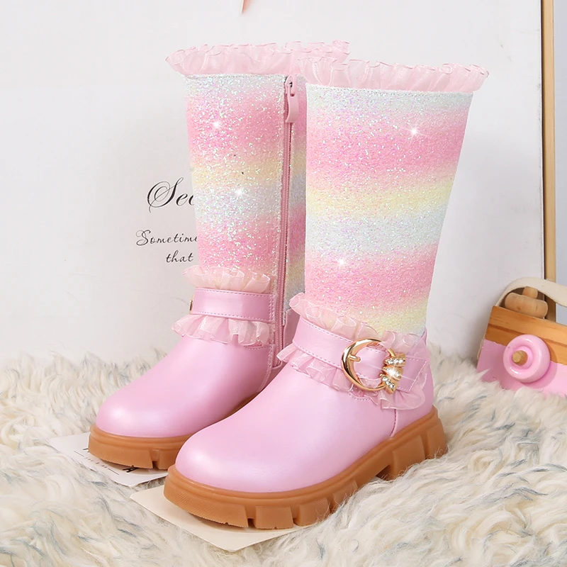 3-10岁彩虹公主靴皮靴雪地靴秋冬儿童靴子女孩靴长靴高筒靴雪地靴