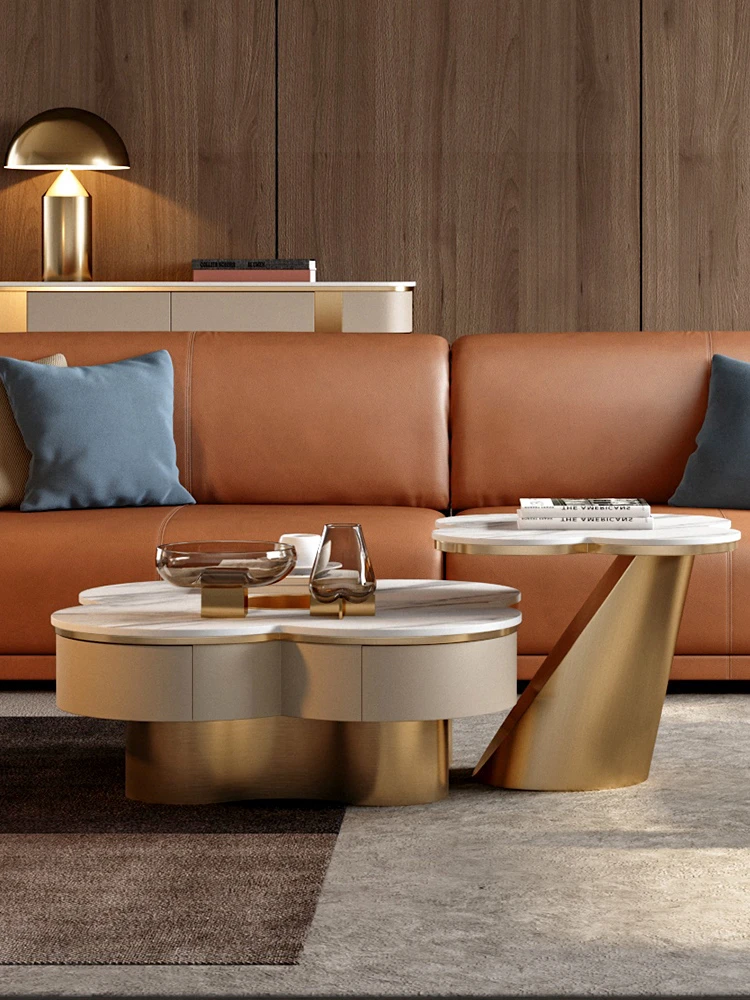 轻奢岩板茶几高级感客厅意式家用设计师创意大理石圆形茶桌组合